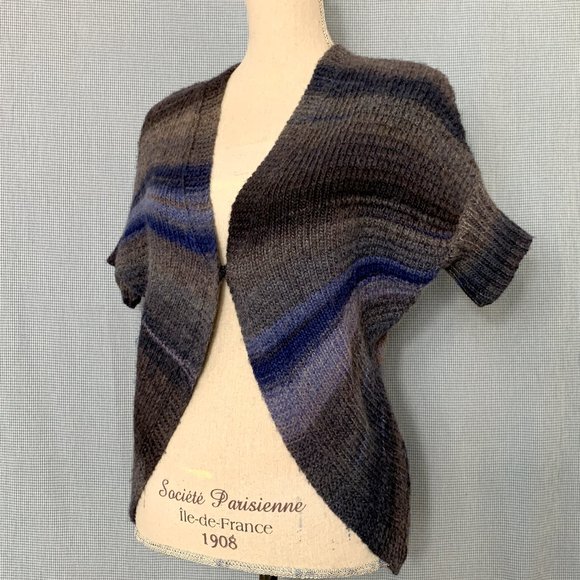 Blue Grey Striped ESPRIT Cardigan / Wool Blend Cardigan / Short Sleeve Cardigan - Picture 4 of 5